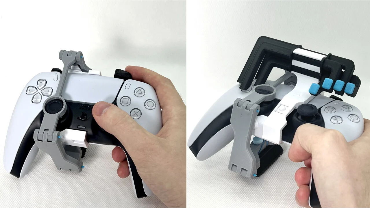 Zwei Bilder von Playstation-Controllern mit 3d-gedruckten Aufsätzen.