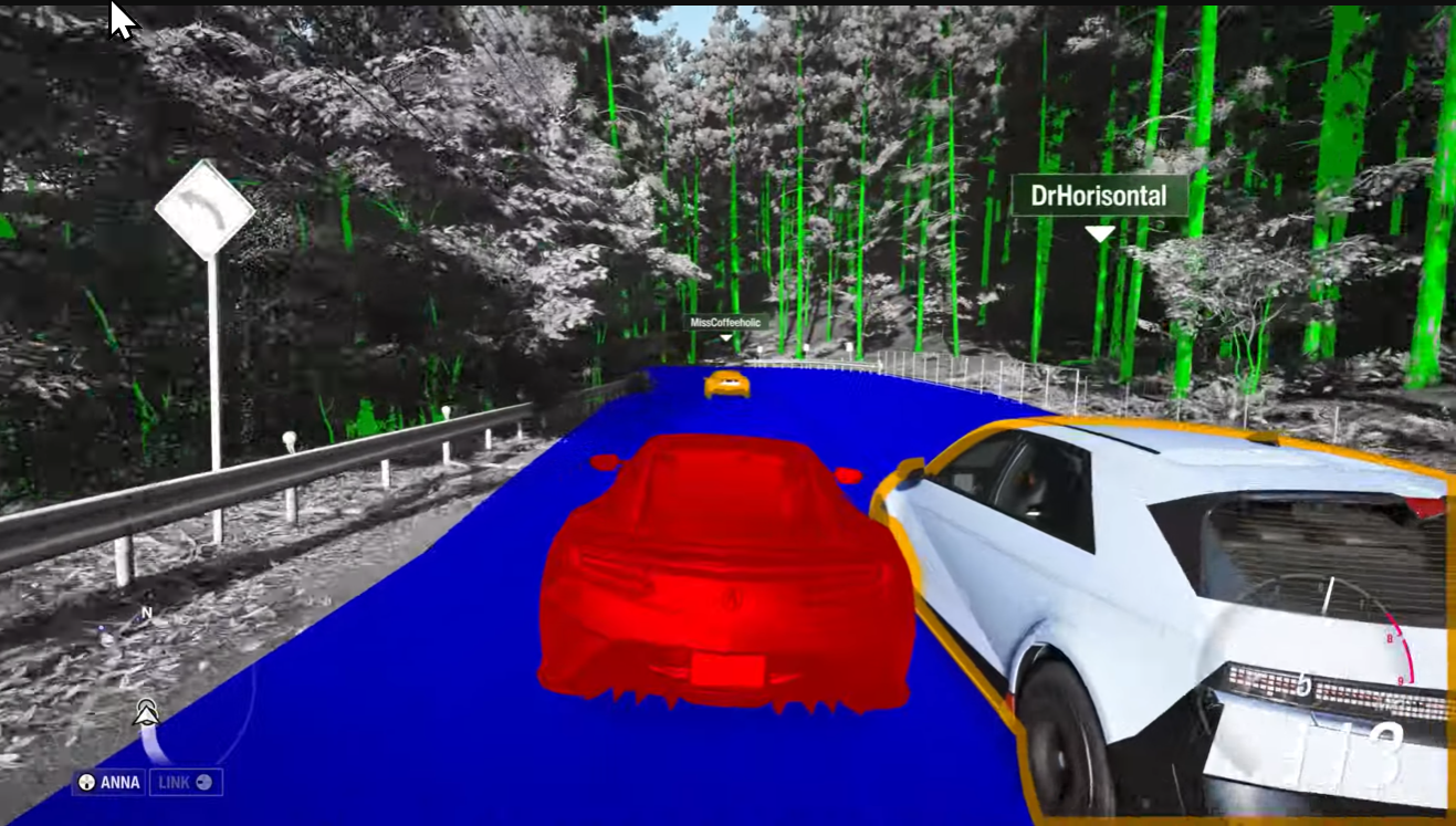 Screenshot aus dem Game Forza Horizon 6 mit hohen Kontrasten. Das Auto des Spielers ist leuchtend rot, die Strasse ist blau und die Gegner sind orange umrandet.